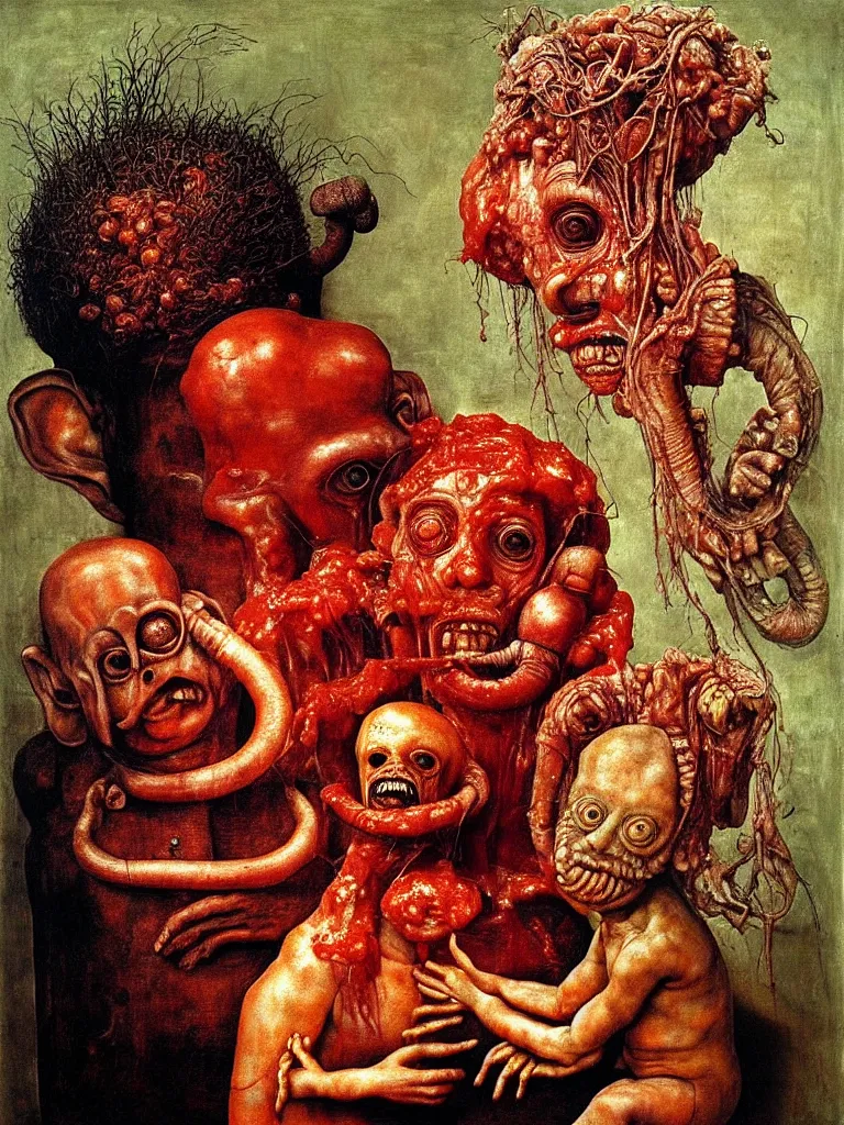 Prompt: a boy like eraserhead and elephant man sitting in a tub full of tomato sauce, looking straight at camera, screaming, by giuseppe arcimboldo and ambrosius benson, renaissance, fruit, intricate and intense oil paint, a touch of beksinski and hr giger and edward munch, realistic