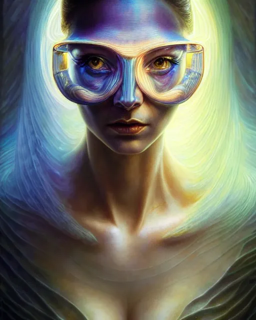 Prompt: a detailed portrait of cyberpunk female model ( dna helix ) fractal ( glass ) ( glow ) beautiful! ( ( glowing mask ) ) by tomasz alen kopera and peter mohrbacher and johanna martine! and margaret keane! elegant alluring seductive luminescent