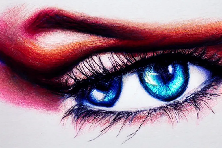 Image similar to sultry look in her eyes ユフィ・キサラギ close-up portrait looking straight on, complex artistic color pencil sketch illustration, full detail, gentle shadowing, fully immersive reflections and particle effects, chromatic aberration.