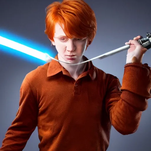 Image similar to epic digital matte paining of Ron Weasley firing a lightsaber out of a cannon, extremely detailed, artstation