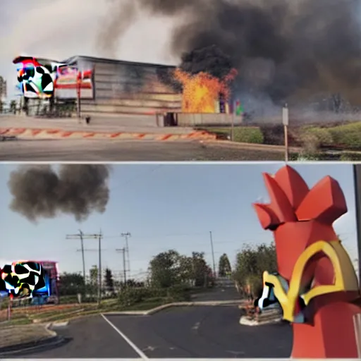 Image similar to giant chicken destroying a mcdonalds, smoke, fire, debris