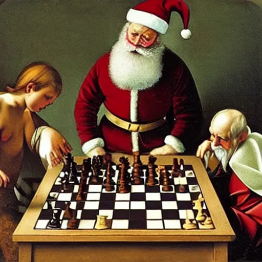 Prompt: Father Christmas playing chess with the Easter bunny Painted by Caravaggio