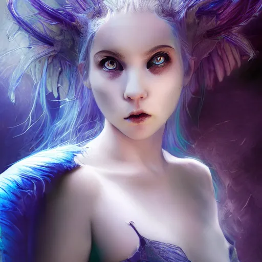 Prompt: portrait of young girl half dragon half human, dragon girl, dragon skin, dragon eyes, dragon crown, blue hair, long hair, highly detailed, cinematic lighting, by Guillermo del toro, by Tim Burton