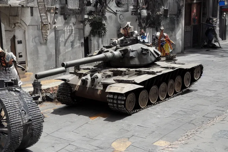 Prompt: A pirate battle tank, mechanical, intricate engineering, driving down a city street