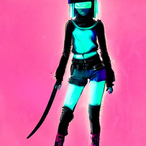 Image similar to stylized japanese girl ninja - cyberpunk, wearing urban techwear, neon lights and armor, painted in acrylic, in the colors hot pink and cyan, beautiful realistic face, spotlight, by greg rutkowski, by jeremy mann, by francoise nielly, by kunio okawara, yoshikazu yasuhiko, in focus, sharp lines