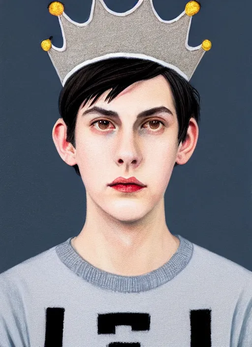 Image similar to portrait of teenage jughead jones wearing a light grey crown, photorealistic, crown, eyes closed, crown, black hair, sweater with letter s on it, letter s, intricate, elegant, glowing lights, highly detailed, digital painting, artstation, concept art, smooth, sharp focus, illustration, art by wlop, mars ravelo and greg rutkowski