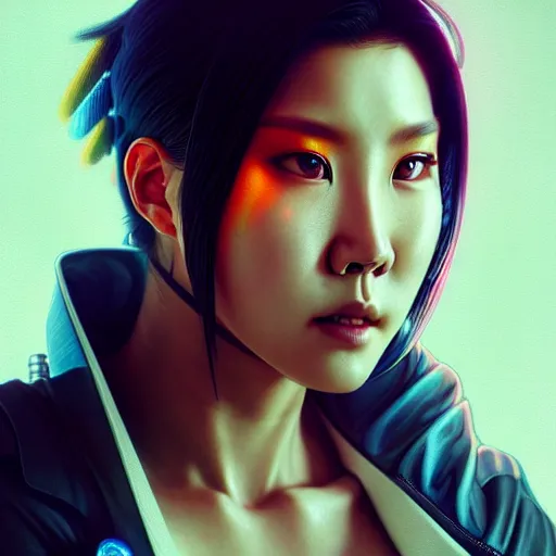 Image similar to portrait painting of cyberpunk hwasa mamamoo as a street doctor with a halo, ultra realistic, concept art, intricate details, eerie, highly detailed, photorealistic, octane render, 8 k, unreal engine. art by artgerm and greg rutkowski and magali villeneuve and alphonse mucha