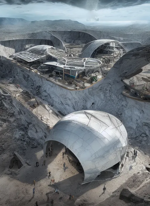 Image similar to bioremediation white mining tailing futuristic horizontal architecture in chuquicamata, epic, cinematic, hyperealistic, high detailed, corona render, hdr, ray tracing