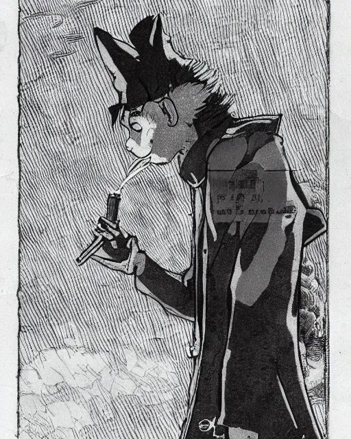 Image similar to a fox in a black trench - coat, smoking a cigarette in front of a huge explosion in the middle of a war, style of anime