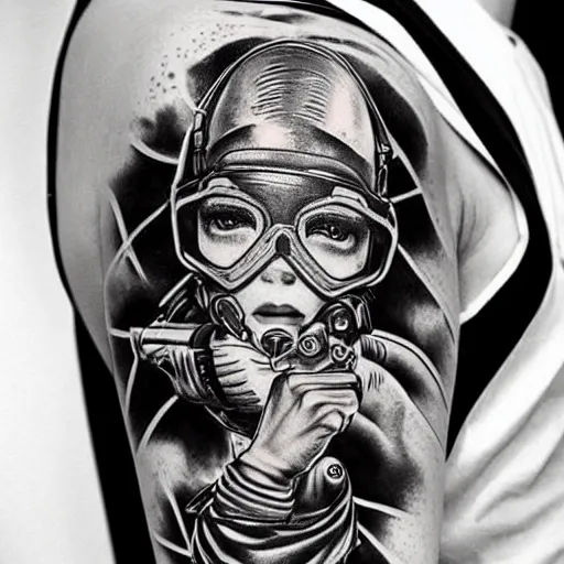 Image similar to cyberpunk underwater diver, black and white tattoo design, stencil, on white skin, by artgerm