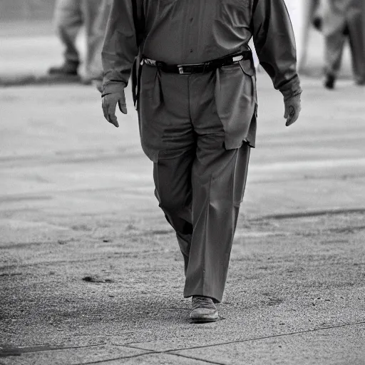 Prompt: photojournalist photo of donald trump in prison clothes walking in the federal prison yard, 3 5 mm f 1. 8