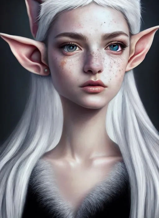 Prompt: a beautiful portrait, white background, beautiful fantasy elf. black top, professionally retouched, soft lighting, realistic, smooth face, freckles on the nose, deep black eyes, long white hair, cute ears, wide angle, sharp focus on the eyes, 8 k high definition, insanely detailed, intricate, elegant, beautiful, art by artgerm and wlop