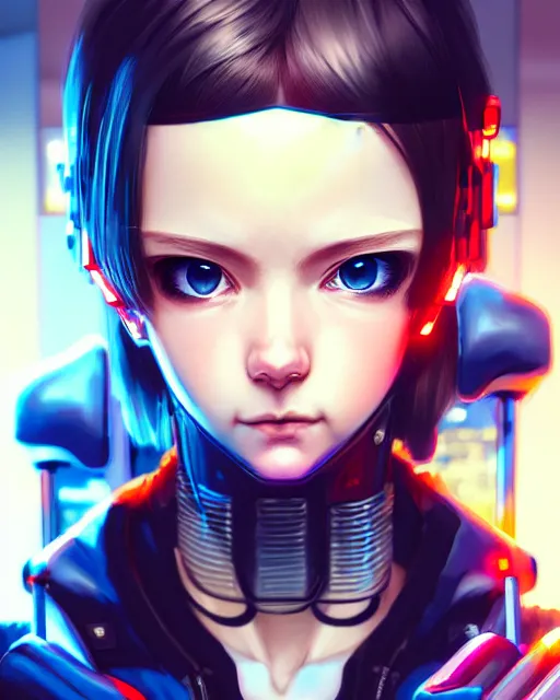 Prompt: a comic potrait of a cyberpunk cyborg girl with big and cute eyes, fine - face, realistic shaded perfect face, fine details. night setting. very anime style. realistic shaded lighting poster by ilya kuvshinov katsuhiro, artgerm, jeremy lipkin and michael garmash, unreal engine, radiant light, detailed and intricate environment