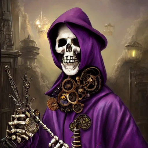 Prompt: portrait headshot of a single steampunk skeletal lich wizard in a purple robe posing with wands, matte painting of steam machines, airships on background, by Antonio Caparo and tyler edlin and lindsey look, victorian, concept art, steam romance, steam-punk illustration, detailed, 4k resolution, trending on artstation