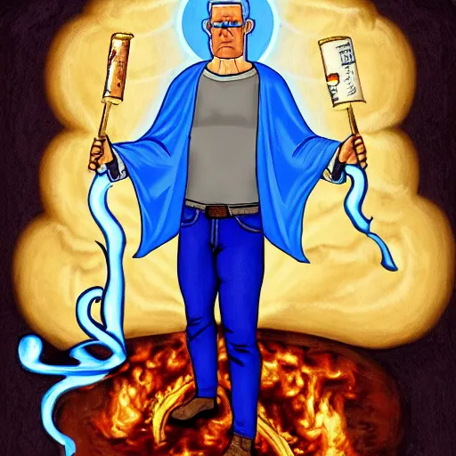 Image similar to hank hill as the saint of propane, white tshirt, blue jeans, surrounded by blue fire, surrounded by blue flames, renaissance religious painting, late gothic religious paintings, byzantine religious art, trending on artstation