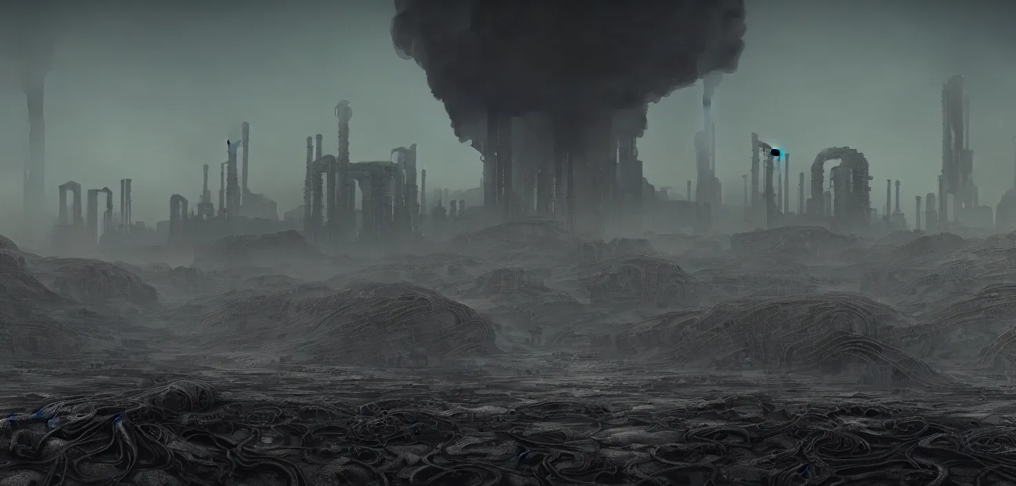 Image similar to polluted industrial alien landscape, smoke, soot, cinematic, detailed, epic, widescreen, opening, establishing, mattepainting, photorealistic, realistic textures, octane render, hr giger and vincent di fate, vivid color scheme, featured in artstation, octane render, cinematic, elegant, intricate, 8 k