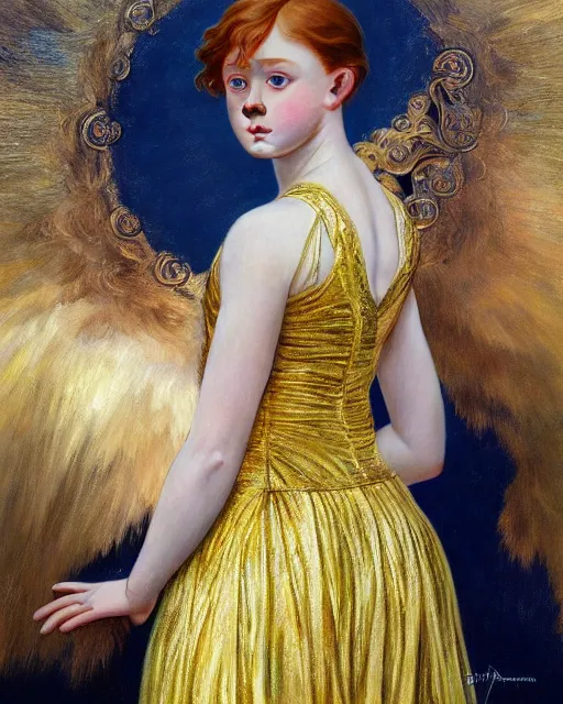 Image similar to realistic oil painting of sadie sink or redheaded saoirse ronan wearing a reflective gold club dress, highly detailed, intricate, elegant, digital painting, smooth, sharp focus, illustration, ultra realistic, 8 k, by bouguereau, alphonse mucha, artgerm, and donato giancola