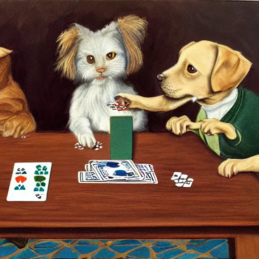 Prompt: painting of Dog, Cat, Rat smoking, holding playing cards sitting at a round table