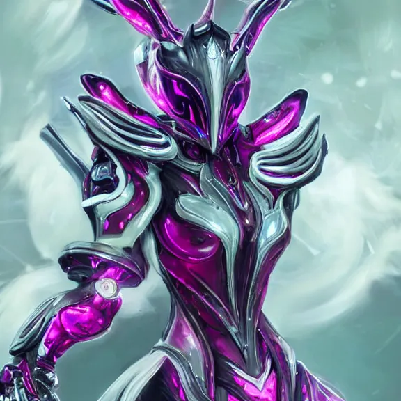 Image similar to highly detailed exquisite fanart, of a beautiful female warframe, but as an anthropomorphic elegant robot female dragon, shiny and smooth off-white plated armor engraved, robot dragon head with glowing eyes, Fuchsia skin beneath the armor, sharp claws, long sleek tail behind, robot dragon hands and feet, standing elegant pose, close-up shot, full body shot, epic cinematic shot, professional digital art, high end digital art, singular, realistic, DeviantArt, artstation, Furaffinity, 8k HD render, epic lighting, depth of field