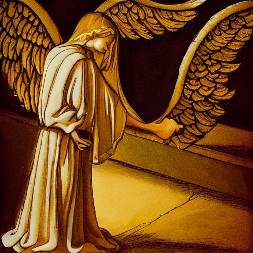 Image similar to angel protecting man who is praying inside a gothic church, dreams style