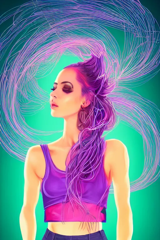 Prompt: a award winning half body portrait of a beautiful woman with stunning eyes in a croptop and cargo pants with ombre purple pink teal hairstyle and hands in pockets by thomas danthony, surrounded by whirling illuminated lines, outrun, vaporware, shaded flat illustration, digital art, trending on artstation, highly detailed, fine detail, intricate