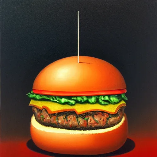 Image similar to painting of a burger with a mouth in the style of beksinski