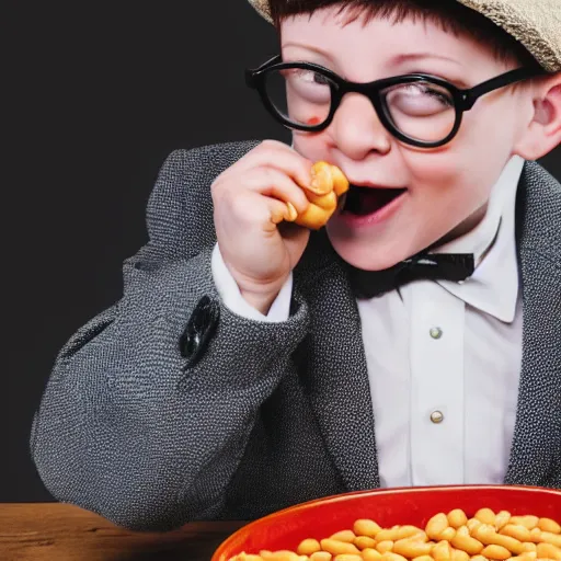 Image similar to stock photo of a small man eating heinz beans out of a bowler hat