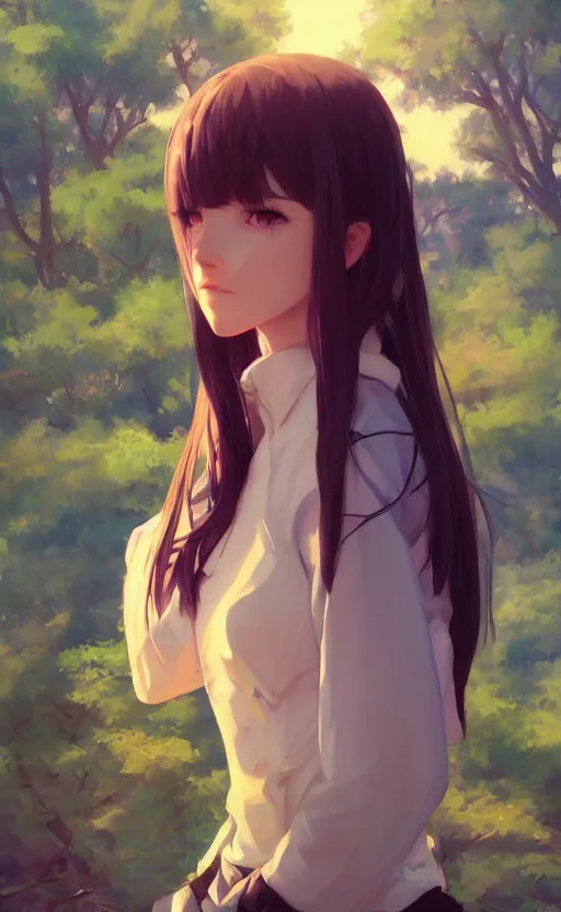 Prompt: a portrait of a female character on an arid forest, blue sky, clouds, vivid colors, soft lighting, atmospheric, cinematic, moody, in the style of ilya kuvshinov and range murata, krenz cushart, rule of thirds, oil on canvas, 8 k