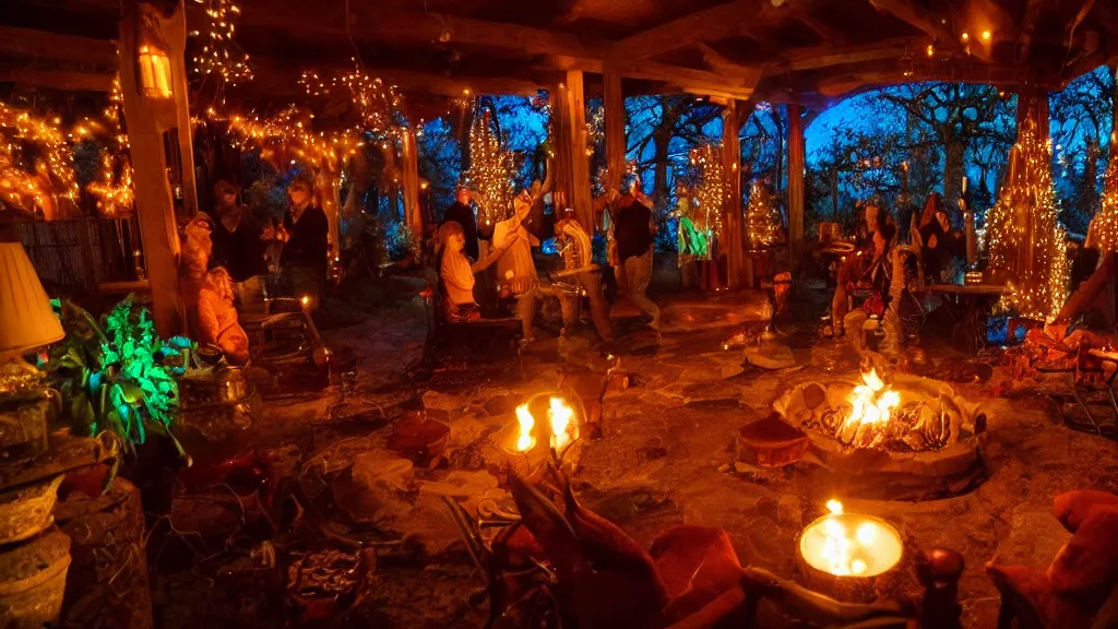 Image similar to party at midnight, bay area, peyote colors, fire pit, hot tub, candles, people, cozy, warm, beautiful, cozy environment, ornate, intricate, glowing emitting light ornaments, 8 k, rule of thirds, cinematic, highly detailed, movie still