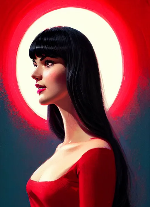 Image similar to portrait of veronica lodge with bangs, 1 9 6 0 s, long hair, red clothes, bangs, intricate, elegant, glowing lights, highly detailed, digital painting, artstation, concept art, smooth, sharp focus, illustration, art by wlop, mars ravelo and greg rutkowski