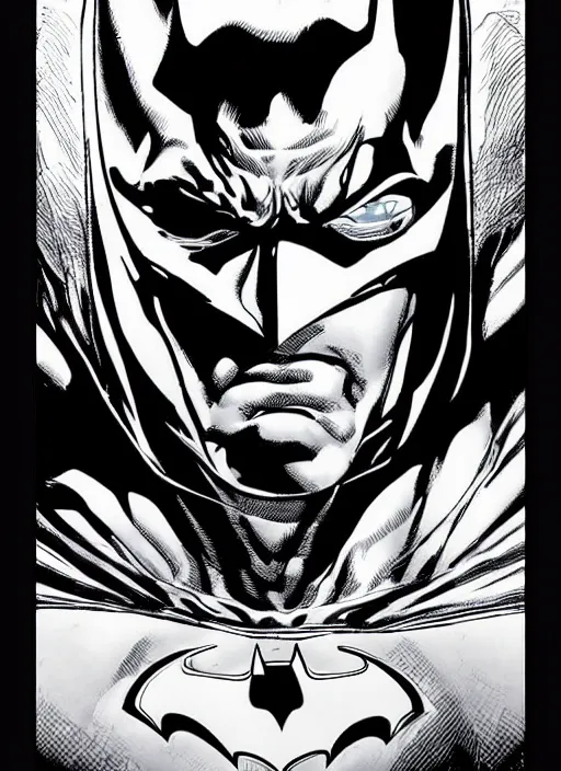 Image similar to portrait of the batman, black and white, by jim lee!