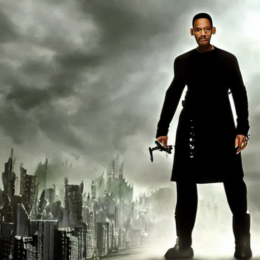 Image similar to A still of Will Smith as Neo from The Matrix Reloaded. Extremely detailed. Beautiful. 4K. Award winning.