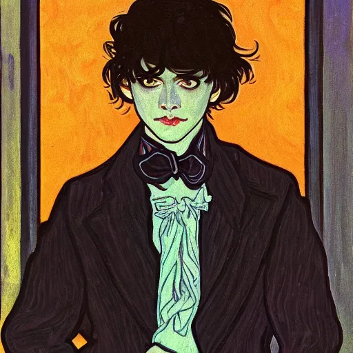 Image similar to painting of young cute handsome beautiful dark medium wavy hair man in his 2 0 s named shadow taehyung at the halloween pumpkin jack o'lantern party, depressed, melancholy, autumn, japan, elegant, clear, painting, stylized, delicate, soft facial features, delicate facial features, soft art, art by alphonse mucha, vincent van gogh, egon schiele