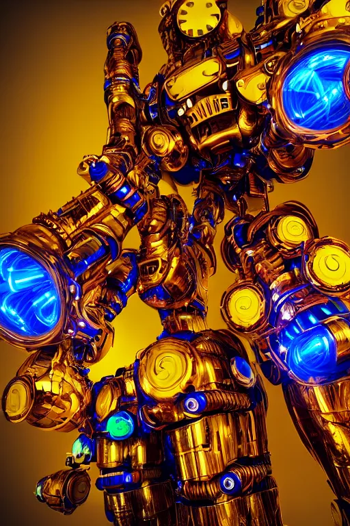 Prompt: portrait photo of a giant huge golden and blue metal futuristic steampunk robot covered with multicolored big gears and tubes, eyes are glowing red lightbulbs, robot holds a huge red electric guitar, shiny crisp finish, 3 d render, 8 k, insaneley detailed, fluorescent colors, background is multicolored lasershow