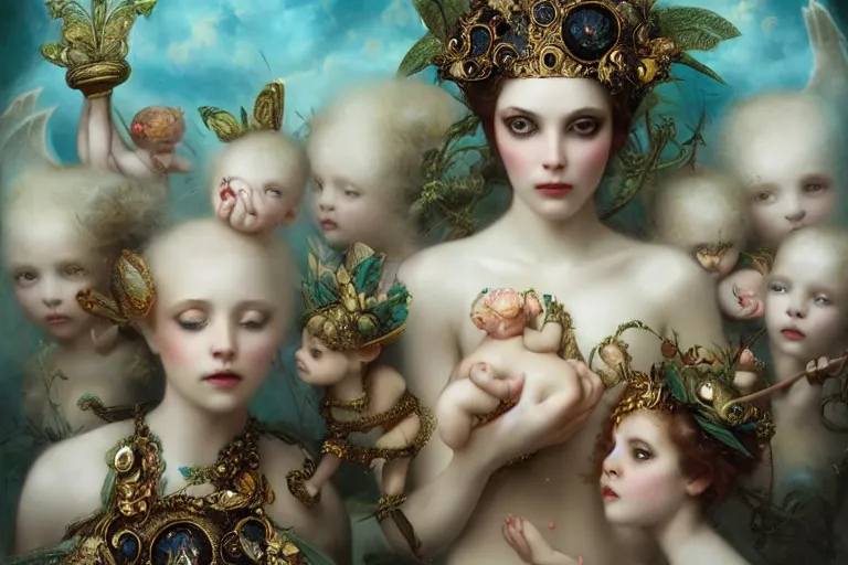 Image similar to the goddess of itty bitty elephants surrounded by a court of nymphs, by tom bagshaw peter kemp, beautiful highly symmetric faces