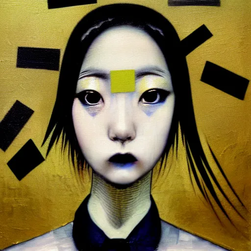 Image similar to yoshitaka amano blurred and dreamy realistic three quarter angle portrait of a young woman with black lipstick and black eyes wearing dress suit with tie, junji ito abstract patterns in the background, satoshi kon anime, noisy film grain effect, highly detailed, renaissance oil painting, weird portrait angle, blurred lost edges