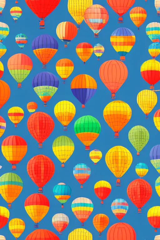 Image similar to repeating seamless retro pixel pattern of hot air balloons in beautiful sky, colourful, symmetrical, repeating 35mm photography, ultra fine detail, 4k high definition, bold