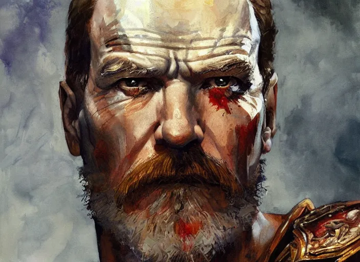 Prompt: a highly detailed beautiful portrait of bryan cranston as kratos, by gregory manchess, james gurney, james jean