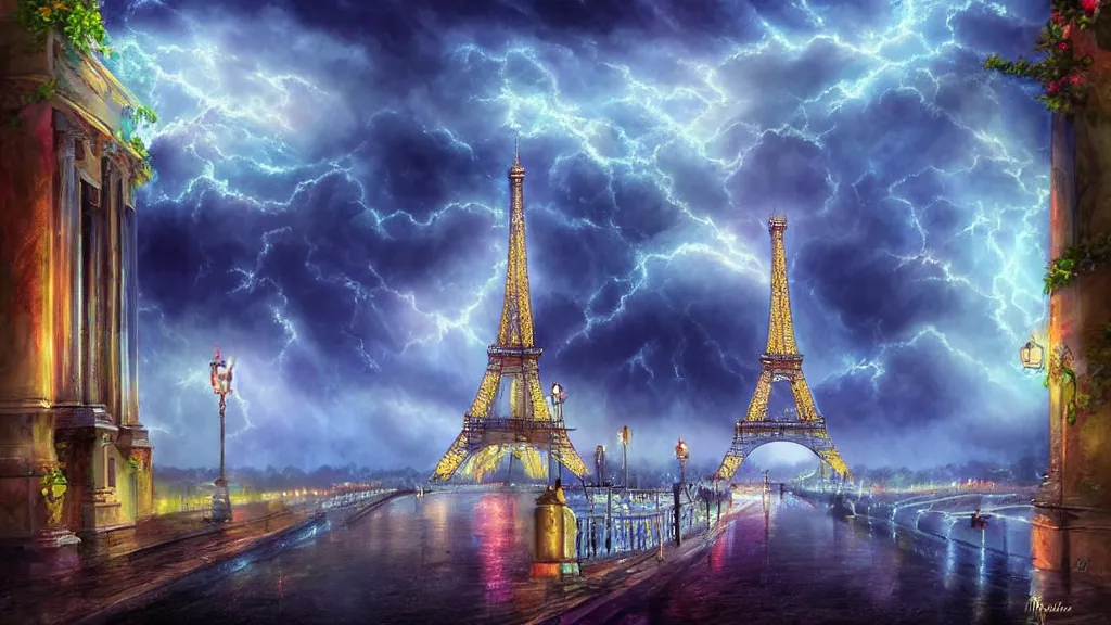 Image similar to beautiful stormy night in paris, illustration by anne stokes, beautiful dreamscape colorful, matte painting 3 - d 4 kcreative design 8 k digital art