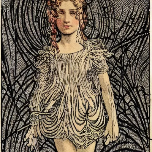 Image similar to a girl with a spider, colored woodcut, flat pastel colors, by Mackintosh, art noveau, by Ernst Haeckel, by Gustave Dorè