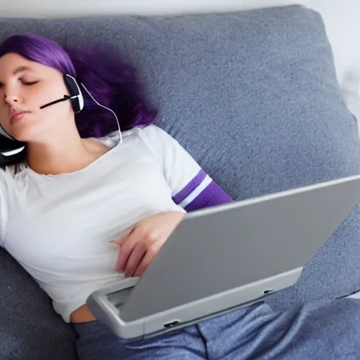 Image similar to beautiful purple - haired female sleeping at computer, wearing headphones, snoring