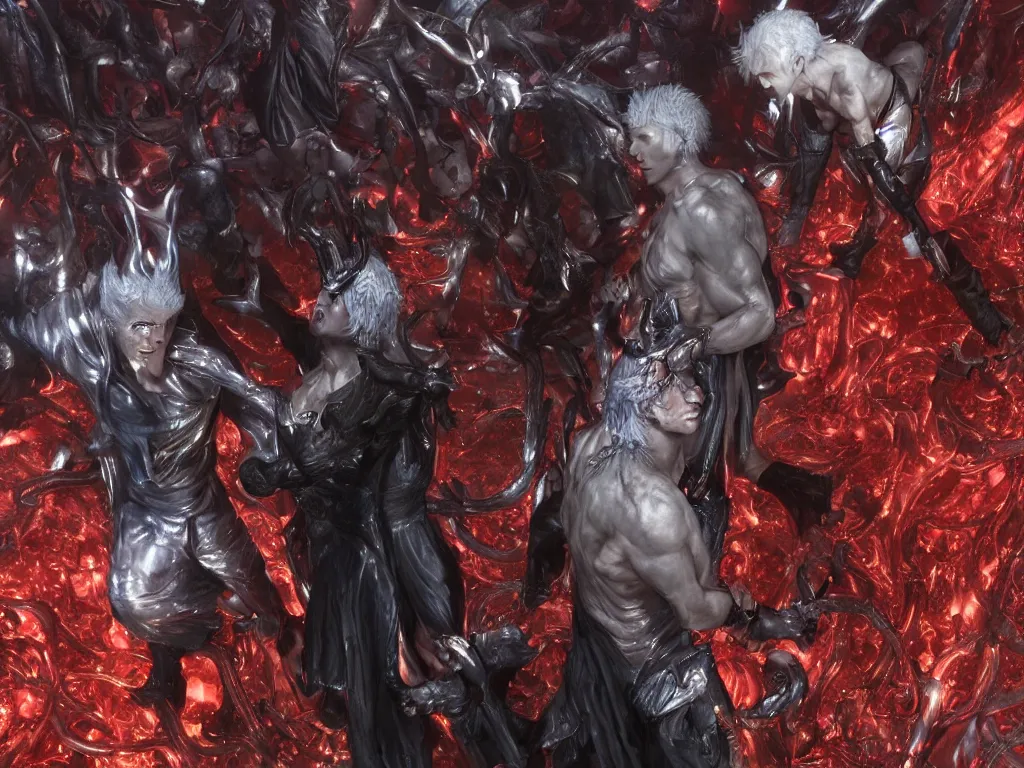 Prompt: dante and vergil in shiny hell, nightmare, horror, sharp focus, detailed, photorealistic