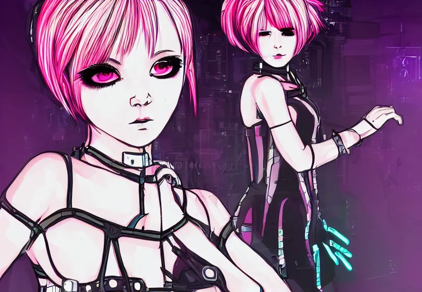 Image similar to little android girl with eccentric pink haircut wearing black feather dress, cyberpunk, anime style artwork, dark, neon, anatomically perfect