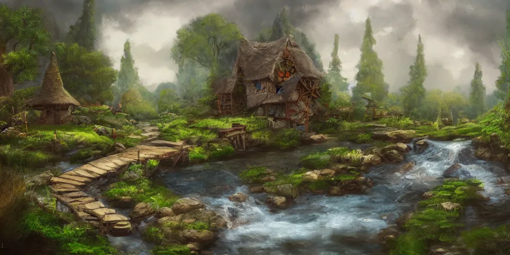 Image similar to a small surreal serene fantasy village on the edge of the woods, small stream, water wheel, by bob ross, lord of the rings, smooth, detailed terrain, oil painting, matte painting, concept art, trending on artstation