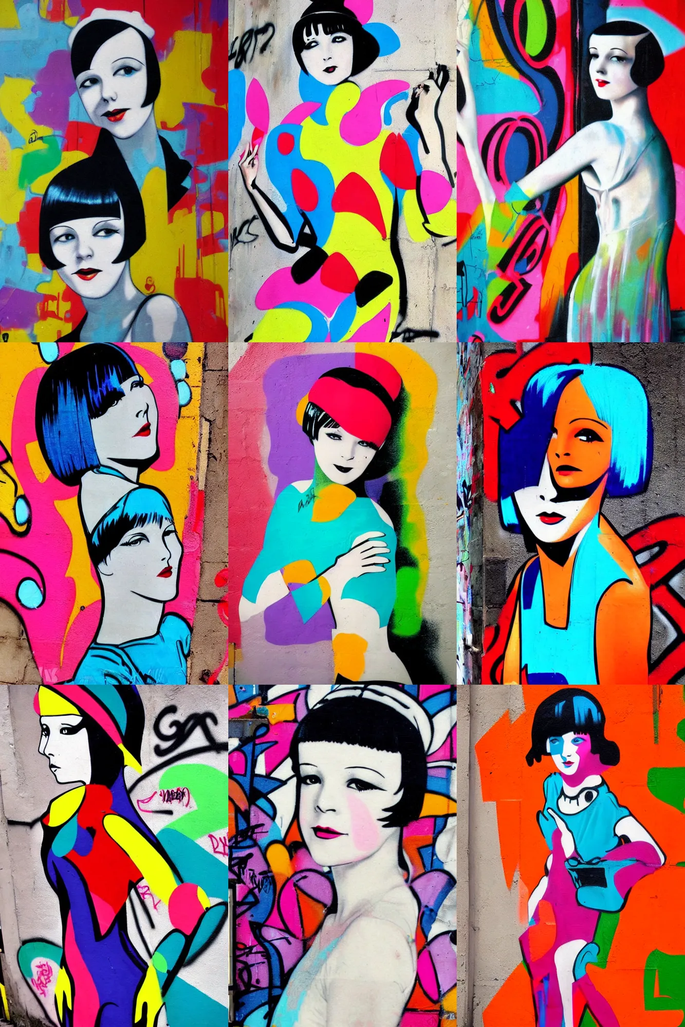 Prompt: graffiti of 2 2 year old mary louise brooks, graffiti street art, bright colours, 1 9 2 0 s fashion