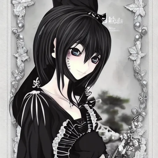 Prompt: beautiful illustration of anime maid, stunning and rich detail, pretty face and eyes. Gothic style, clear and perfect anatomy. Full-body shot from the side, Pixiv popular