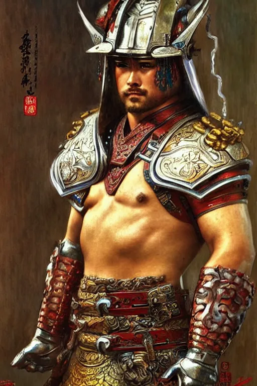 Image similar to attractive beefy male with armor, tang dynasty, character design, colorful, painting by gaston bussiere, craig mullins, j. c. leyendecker, tom of finland