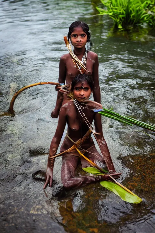 Image similar to a professional portrait photo of a sri lankan jungle girl, submerged in water, black hair, hunter, with bow and arrow, extremely high fidelity, natural lighting.