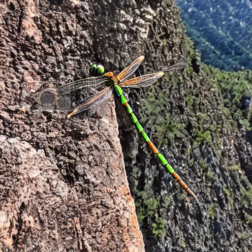 Prompt: Dragonfly with a dragon head on a mountain top, dslr photo.