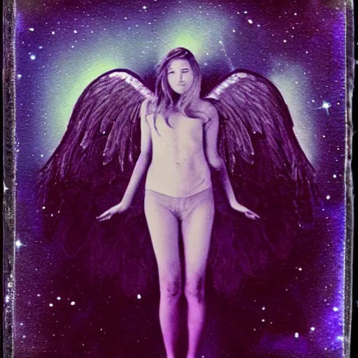 Image similar to a lost female angel glaring into your eyes, deep cosmic eyes, wide long wings made from dark cosmic nebulas, realistic photograph, polaroid pic by horror